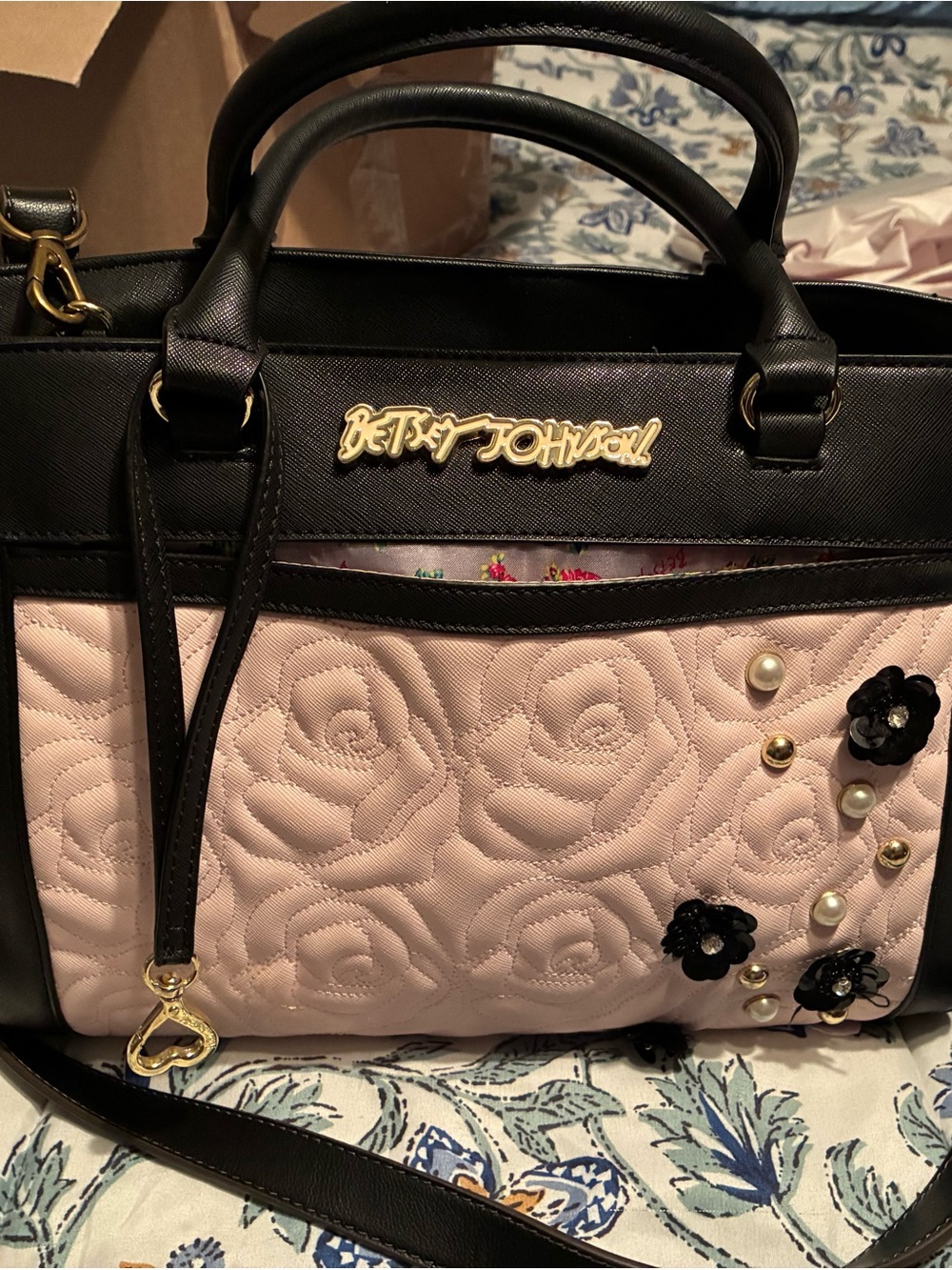 Betsey Johnson Black and Pink Quilted Rose Satchel with Pearl Embellishments